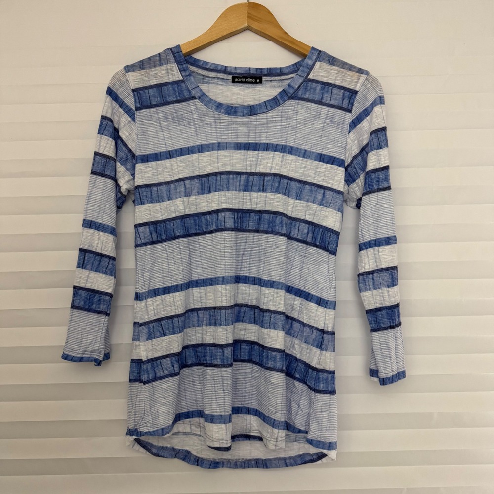 David Cline Womens Blue White Striped Crushed Pleat 3/4 Sleeve Top Sz M Crinkle